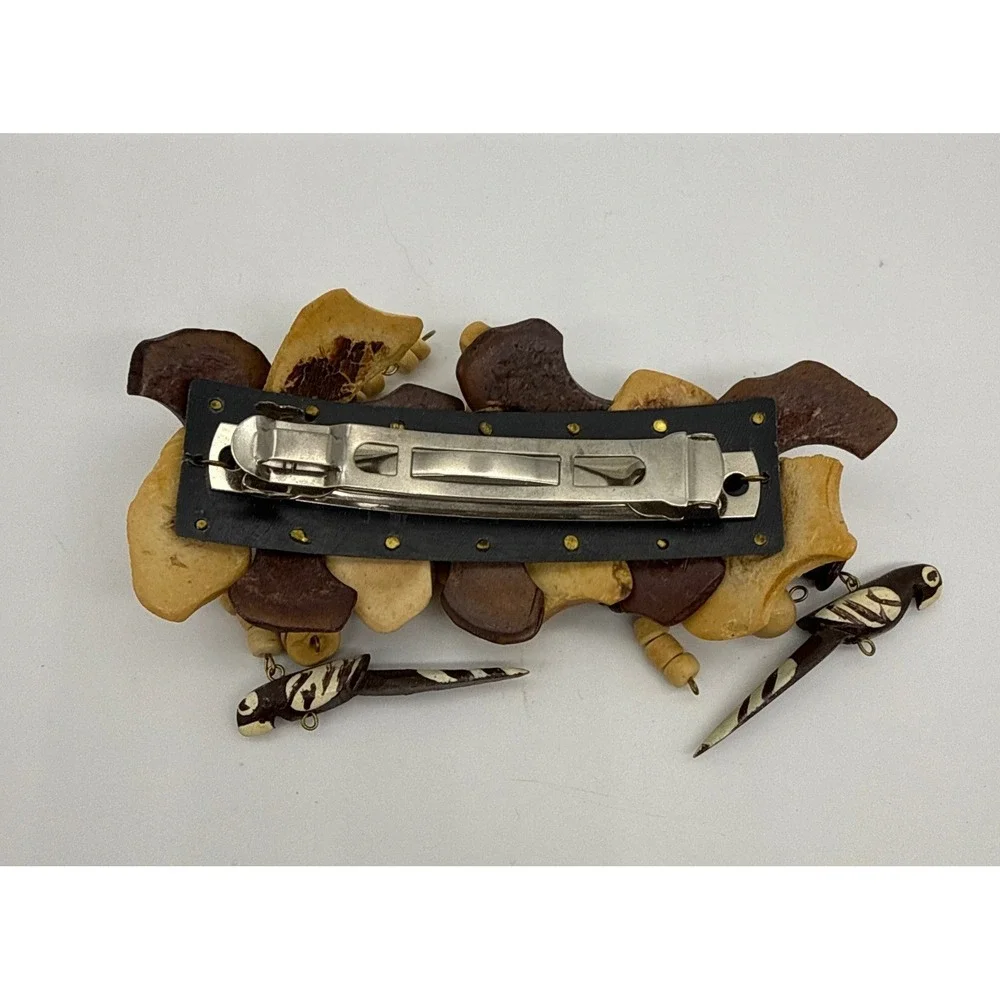 Vintage Tropical Wood Parrot‎ Barrette Beaded Bird Hair Clip Brown Cream Boho